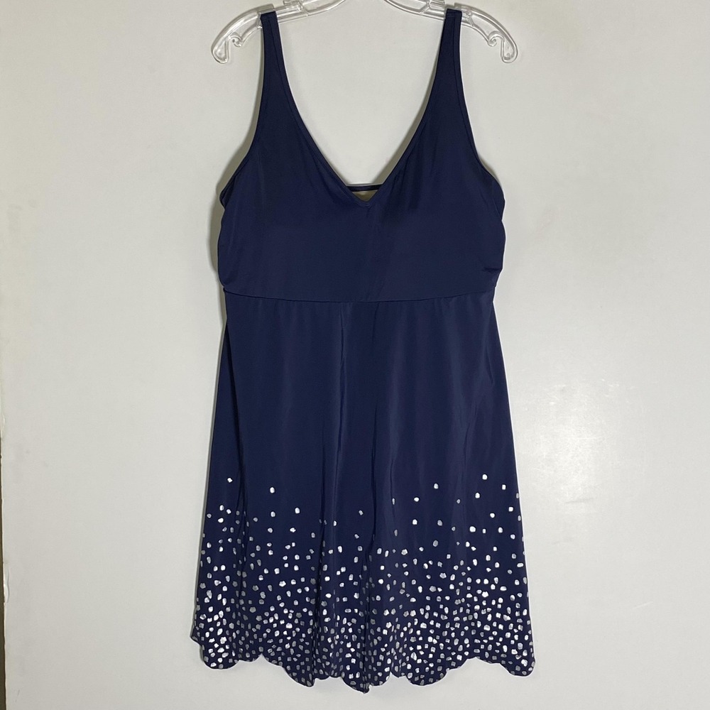 Swimsuit For All Swimdress Womens 18 Blue Silver Polka Dot One Piece Beach Swim